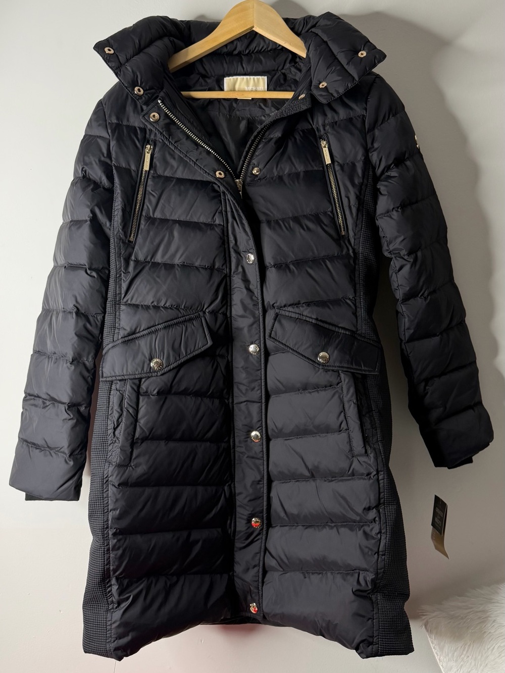 MICHAEL Michael Kors Black Quilted Long Puffer Coat with Hood